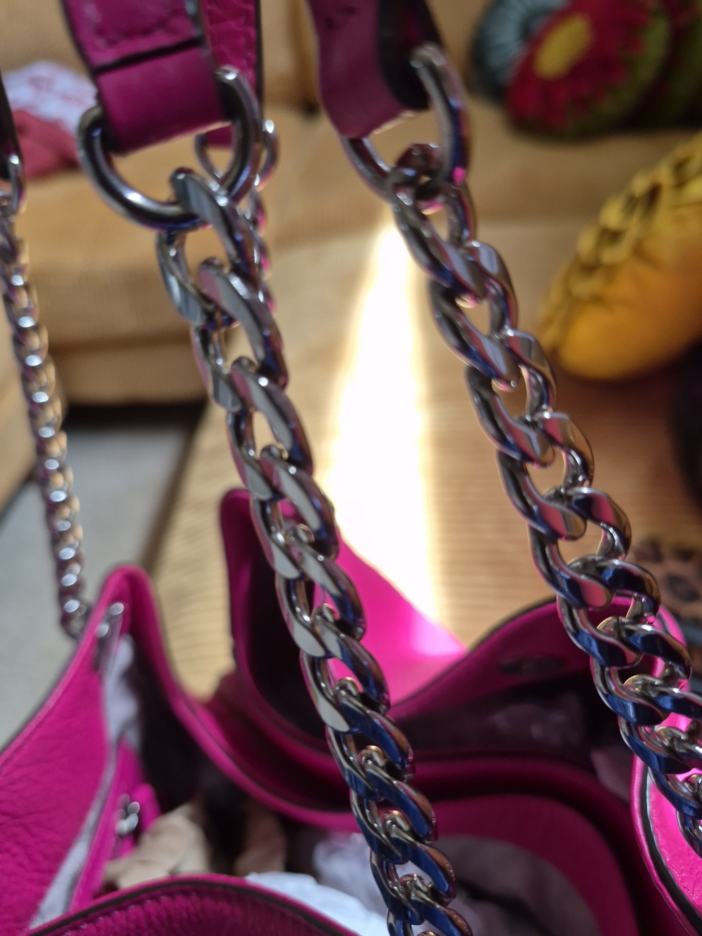 Michael Kors Hot Pink Pebbled Leather Shoulder Bag with Silver Chain-Link Straps - Picture 12 of 16